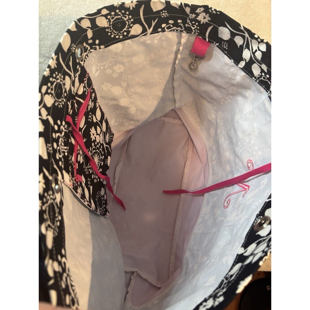 Thirty-One Large Black White Pink Canvas Floral Swirls Monogram N Purse Tote Bag - Picture 9 of 13